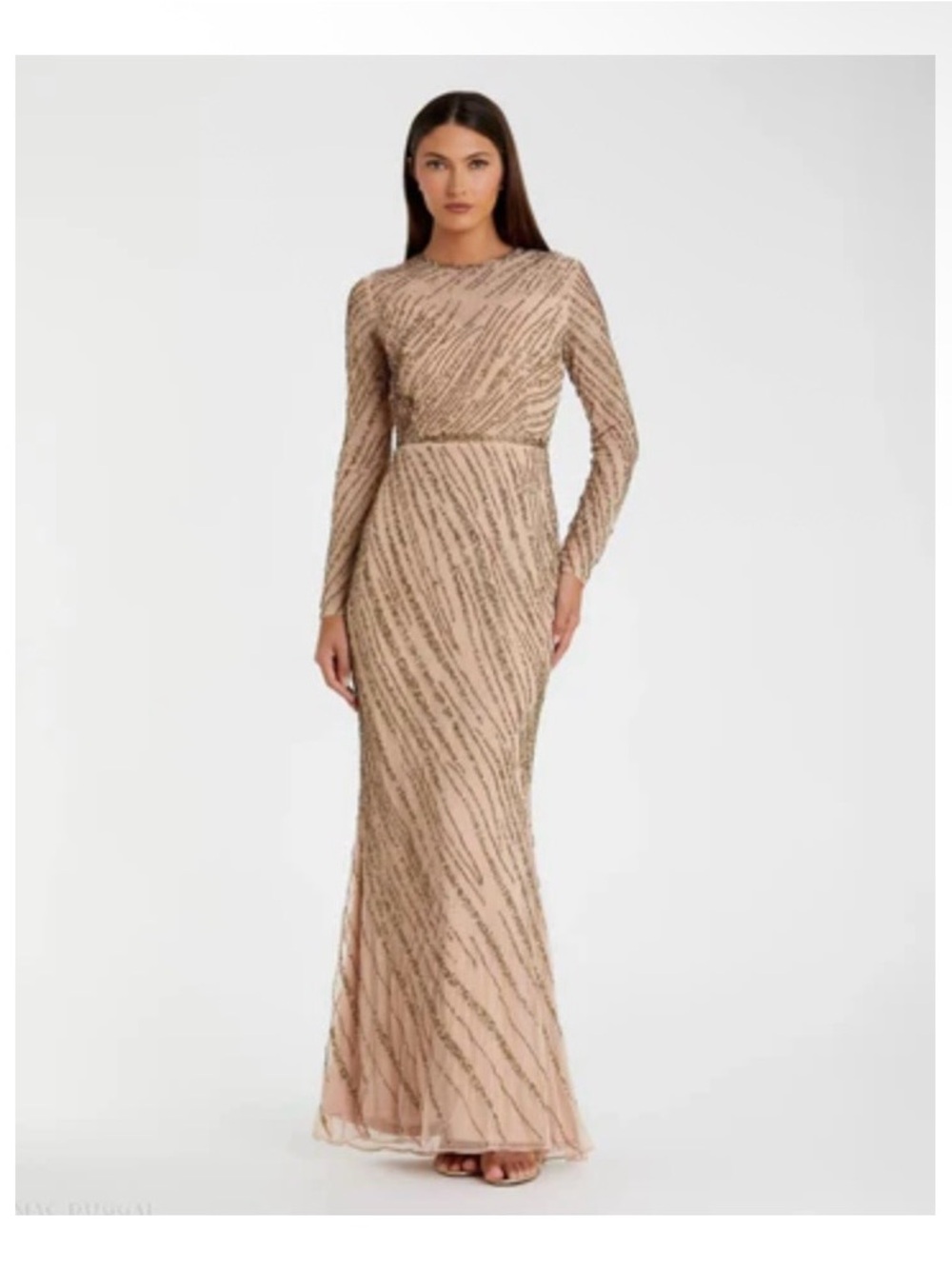 Mac Duggal Nude Beaded Long-Sleeve Evening Gown